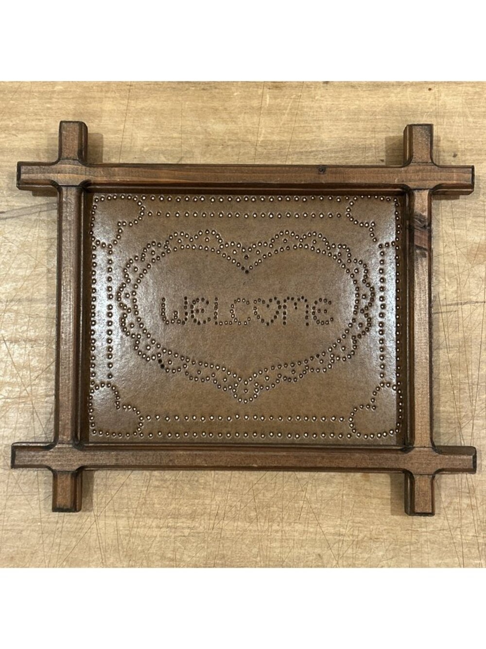 Vintage WELCOME Heart Punched Faux Copper Tin Wall Decor Art Wood Frame Country